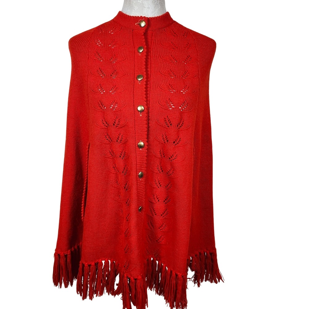 Vintage Sweater Bee‎ Banff Red Knit Cape Poncho Fringe Button Front 60s 70s